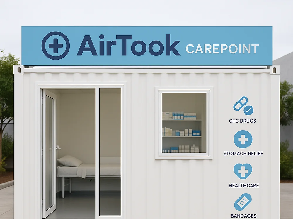 An AirTook CarePoint — a walk-in health pod with on-site pharmacy pickup and a private consultation room