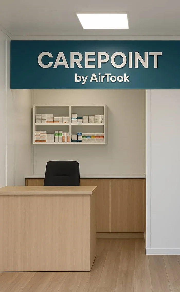 Inside an AirTook CarePoint — reception desk and on-site pharmacy shelf