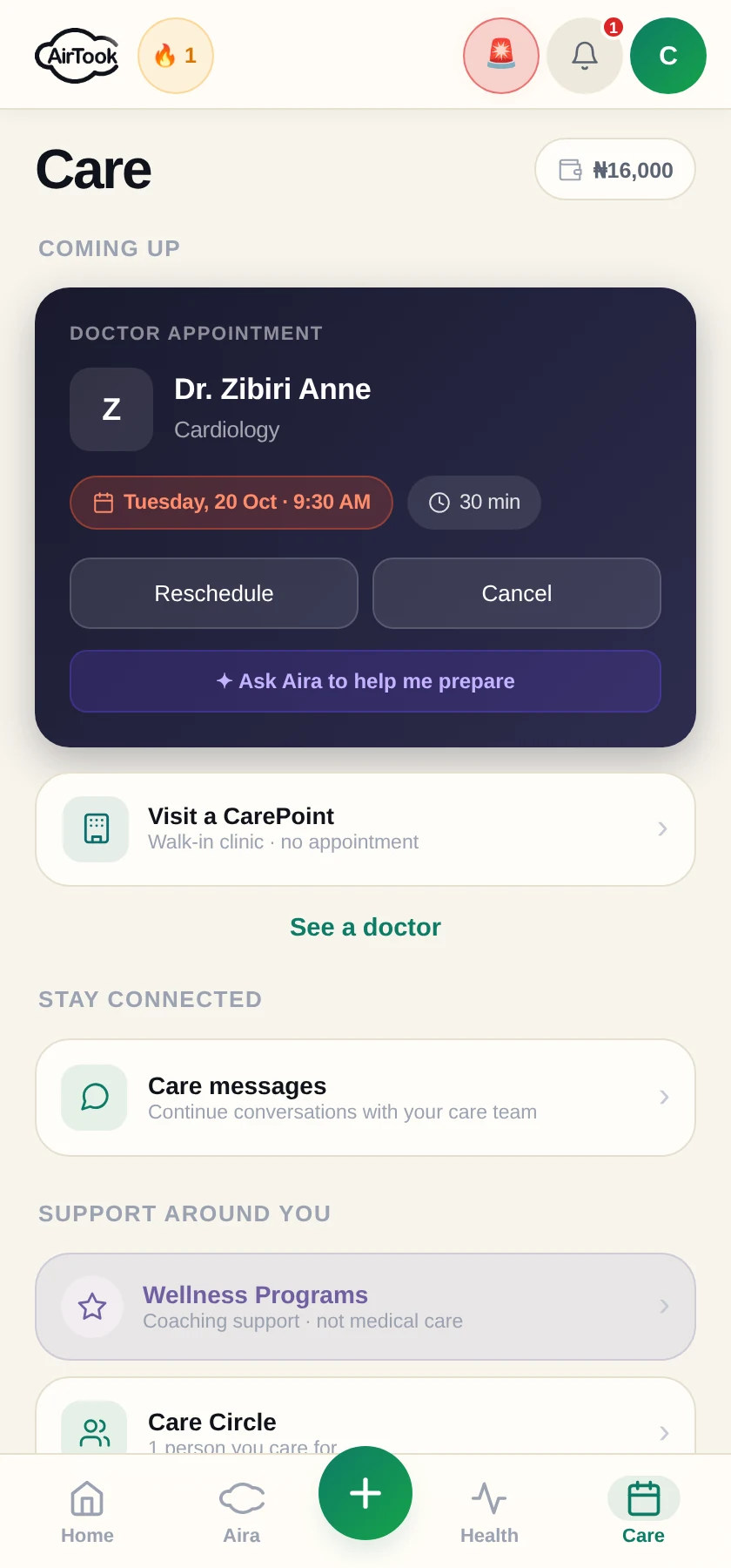 AirTook appointment screen showing a scheduled Cardiology consultation with a real doctor, date and time