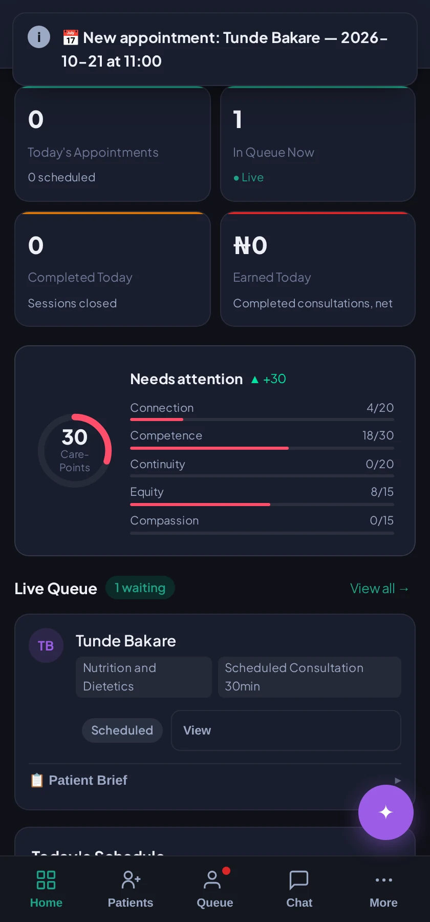 AirTook doctor dashboard showing a live patient in queue, CarePoints score, and today's schedule